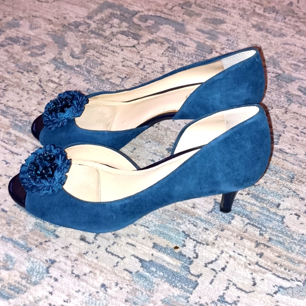 Alex Marie Blue Suede Leather Diamante  Peep-Toe Heels Size 8
